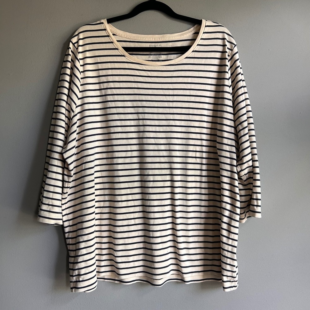 LL‎ Bean Women 2X Supima Cotton Striped 3/4 Sleeve Tee Navy Cream 506851